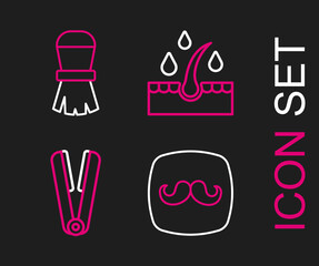 Set line Barbershop, Curling iron for hair, Oil care treatment and Shaving brush icon. Vector