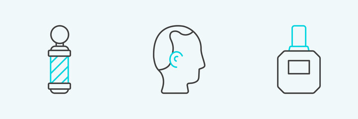 Set line Aftershave, Classic Barber shop pole and Baldness icon. Vector