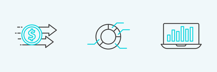 Set line Laptop with graph chart, Financial growth dollar and Pie infographic icon. Vector