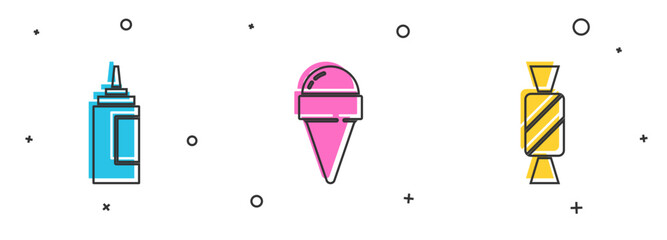 Set Sauce bottle, Ice cream in waffle cone and Candy icon. Vector