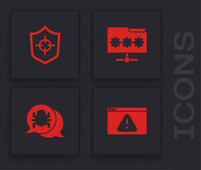 Set Browser with exclamation mark, Shield, Folder password and System bug icon. Vector