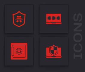 Set Laptop protected with shield, Incognito mode, password and Safe icon. Vector