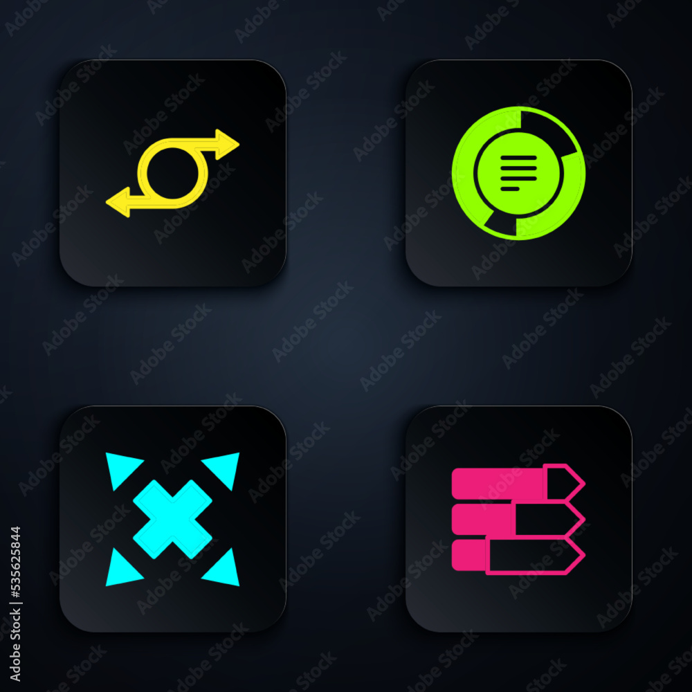 Poster set pie chart infographic, arrow, many ways directional arrow and . black square button. vector