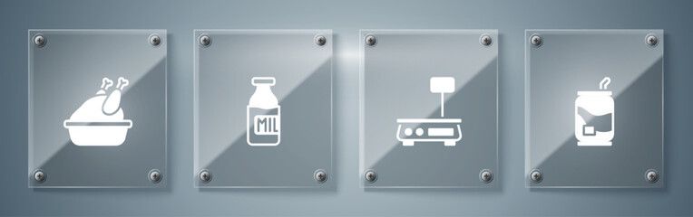 Set Soda can, Electronic scales, Bottle with milk and Roasted turkey or chicken. Square glass panels. Vector