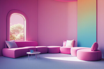minimalist living room interior in pink tones