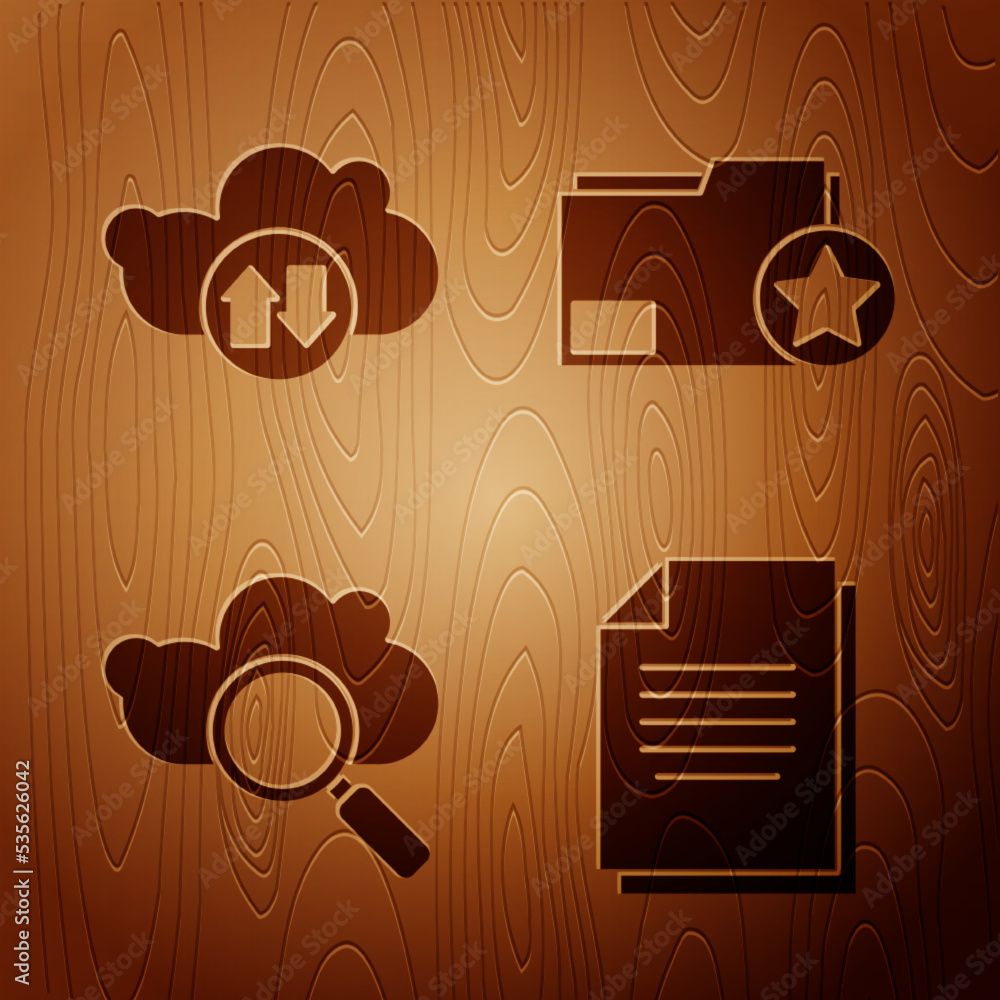 Poster set document, cloud download and upload, search cloud computing and document folder with star on woo