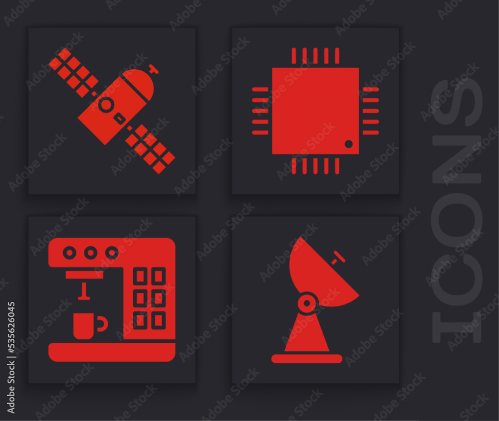 Poster set radar, satellite, processor with microcircuits cpu and coffee machine icon. vector