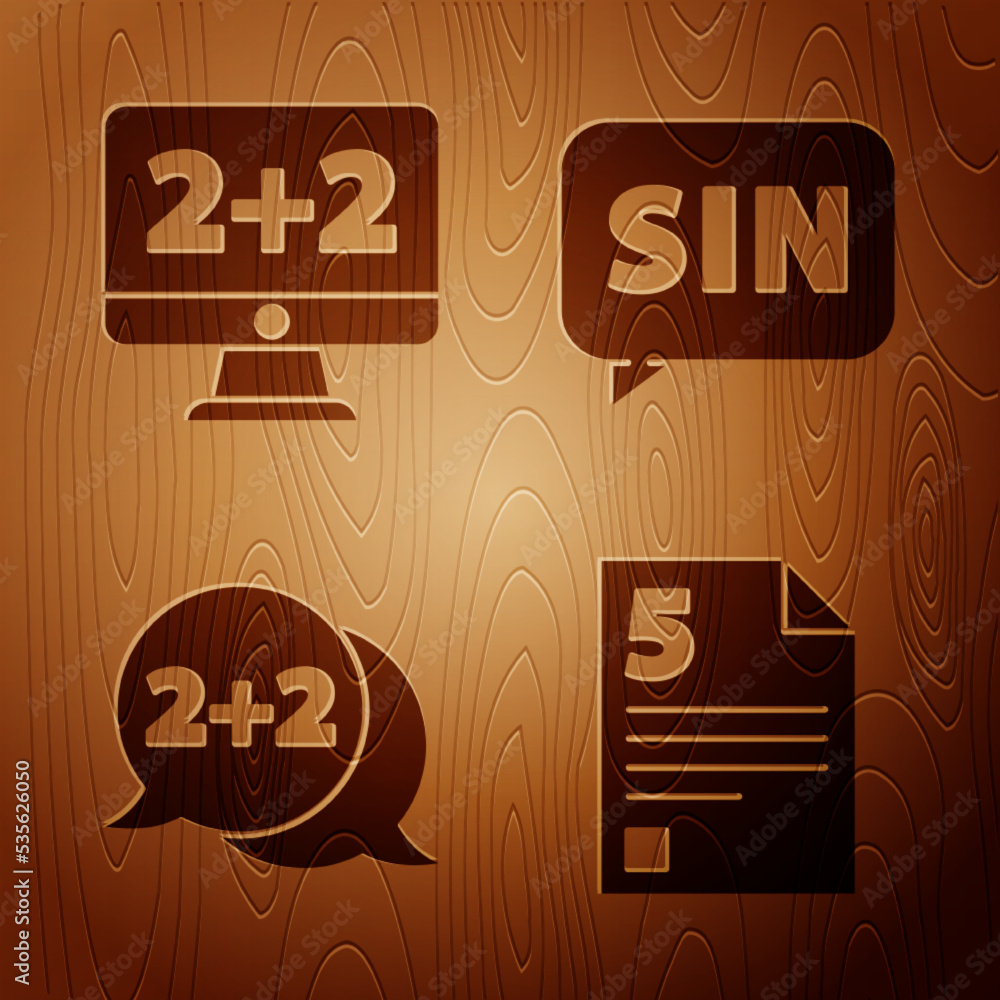 Poster set test or exam sheet, equation solution, equation solution and mathematics function sine on wooden