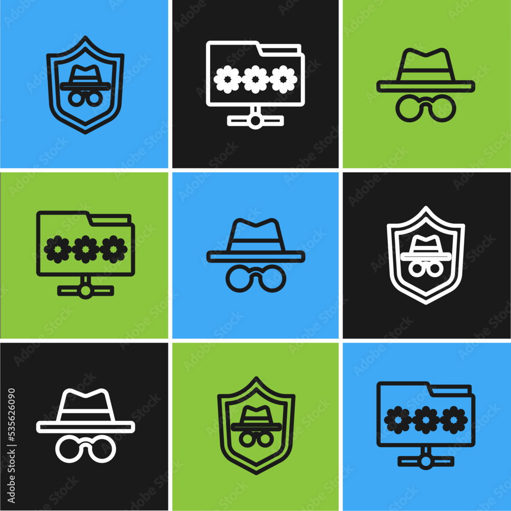 Poster set line incognito mode, and folder with password icon. vector