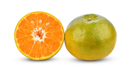 Whole green tangerine fruit with half isolated on white background.