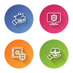 Obraz premium Set line Piggy bank in hand, Location shield, Safe with and Life insurance. Color circle button. Vector