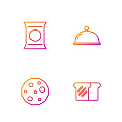 Set line Bread toast, Cookie or biscuit, Bag packet potato chips and Covered with tray. Gradient color icons. Vector