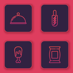 Set line Covered with tray, Chicken leg, Hotdog sandwich and Bag or packet potato chips. Blue square button. Vector
