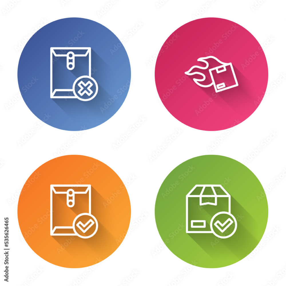Poster set line delete envelope, carton cardboard box, envelope and check mark and ackage with. color circl
