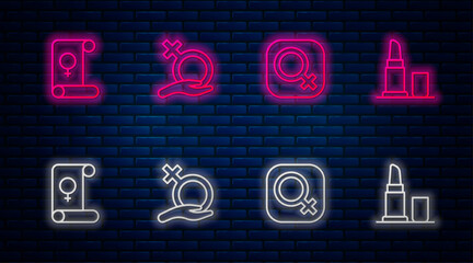 Set line Female gender, Feminism and Lipstick. Glowing neon icon on brick wall. Vector