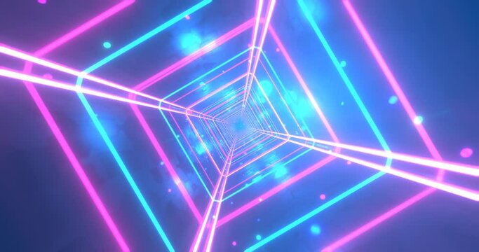 Movement and rotation of the camera in a neon tunnel with glowing lines and dots. seamless animation. Vj loop.