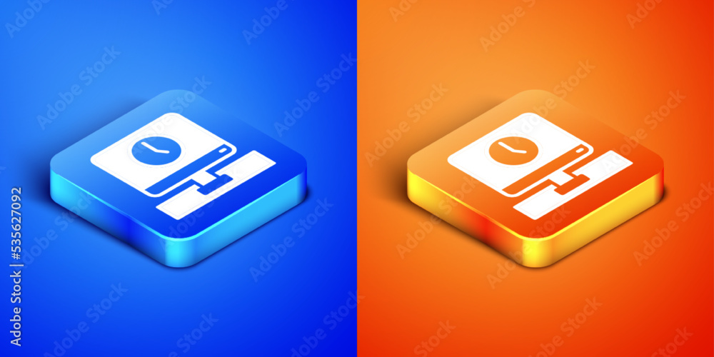 Poster isometric computer monitor time icon isolated on blue and orange background. electronic device. fron