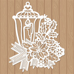Christmas lantern with spruce branch and holly. Template for laser cutting from any materials. For the design of Christmas and New Year cards, decorations, decor elements. Vector