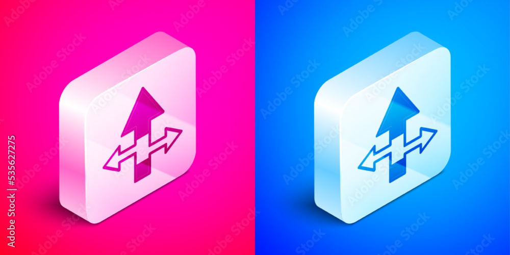 Poster isometric arrow icon isolated on pink and blue background. direction arrowhead symbol. navigation po
