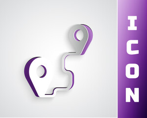 Paper cut Route location icon isolated on grey background. Map pointer sign. Concept of path or road. GPS navigator. Paper art style. Vector