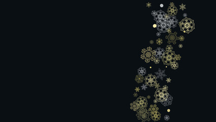 Glitter snowflakes frame on white horizontal background. Shiny Christmas and New Year frame for gift certificate, ads, banners, flyers. Falling snow with golden glitter snowflakes for party invite