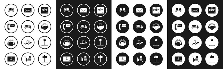 Fototapeta premium Set Cardboard box with free symbol, Post truck, Telephone speech bubble chat, Railway carriage, Support operator in touch, Envelope, Scale and icon. Vector