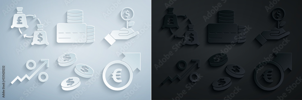 Sticker Set Coin money with dollar, Dollar plant, Percent up arrow, Financial growth and euro, Credit card and Currency exchange icon. Vector