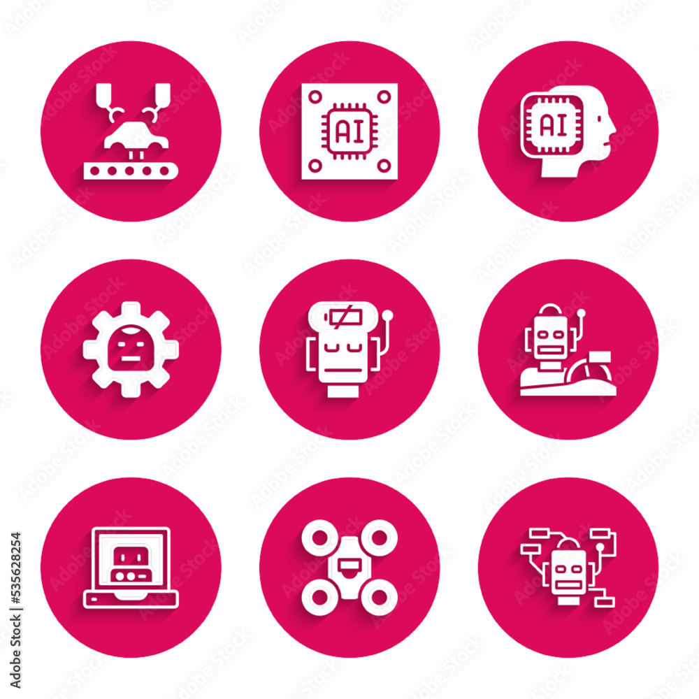 Sticker Set Robot low battery charge, Drone, humanoid driving car, Creating robot, Humanoid and Robotic arm factory icon. Vector