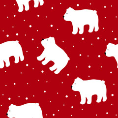 Happy new year and Christmas celebration seamless pattern with white polar bear and snow on red background,bright print for wallpaper,cover design,packaging,holiday decor,baby illustration.