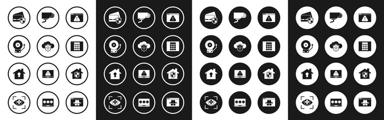 Set Browser with exclamation mark, Cloud and shield, Ringing alarm bell, Credit card, Password protection, Security camera, House under and icon. Vector