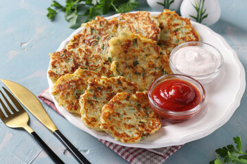 Fried potato pancakes with cheese, garlic and parsley, served for breakfast with sour cream and ketchup