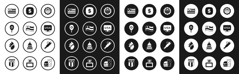 Set USA Independence day, American flag, Balloons, Dollar symbol, Baseball bat with ball and Native Indian icon. Vector