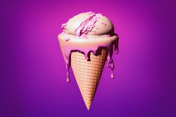 A melting ice cream, with big drops falling from the top, over a violet backdrop. Vaporwave 3d rendering.
