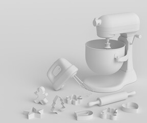 Mixer and hand mixer with kitchen utensil for preparation of dough on monochrome