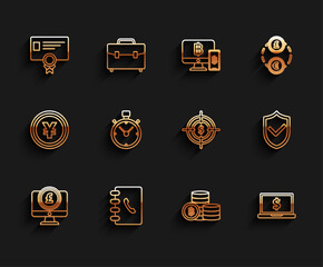 Set line Computer monitor with pound sterling symbol, Address book, Certificate template, Cryptocurrency coin Bitcoin, Laptop dollar, Stopwatch, Shield check mark and Target icon. Vector