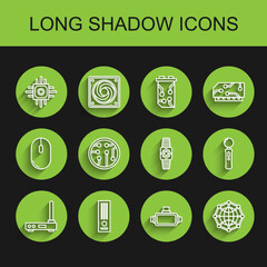 Set line Router and wi-fi signal, Video game console, Processor, Virtual reality glasses, Global technology social network, Gamepad and Smartwatch icon. Vector