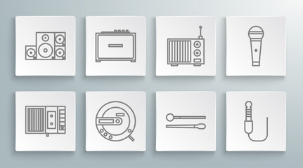 Fototapeta premium Set line Music tape player, Guitar amplifier, CD, Drum sticks, Audio jack, Radio with antenna, Microphone and Stereo speaker icon. Vector