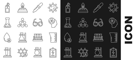 Set line Laboratory clipboard with checklist, glassware beaker, Human head and radiation, Pipette, Bacteria, Test tube flask chemical, wash bottle and glasses icon. Vector