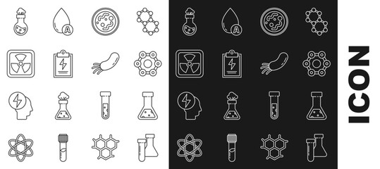 Set line Test tube and flask chemical, Chemical formula, Bacteria, Laboratory clipboard with checklist, Radioactive, and icon. Vector