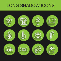 Set line Snowflake with speech bubble, Bow tie, Christmas star, Pair of knitted christmas mittens, Meteorology thermometer measuring, candy cane stripes and Santa Claus bag gift icon. Vector