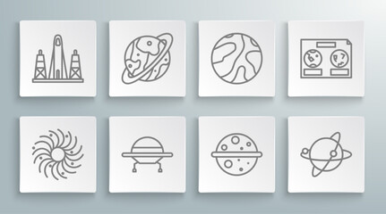 Set line Black hole, UFO flying spaceship, Planet Venus, Satellites orbiting the planet Earth, Falling stars, Celestial map of night sky and Rocket launch from spaceport icon. Vector