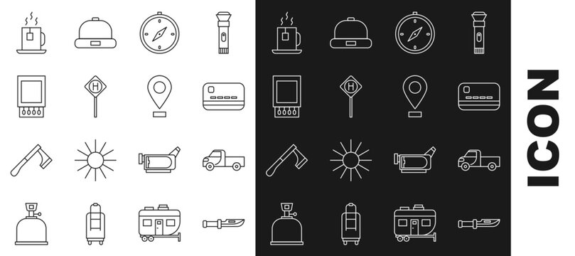 Set line Camping knife, Pickup truck, Credit card, Compass, Parking, Open matchbox and matches, Cup of tea with tea bag and Location icon. Vector