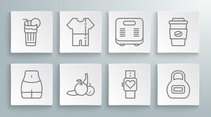Set line Women waist, Sport track suit, Fruit, Smart watch, Kettlebell, Bathroom scales, Coffee cup to go and Fresh smoothie icon. Vector