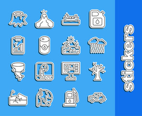 Set line Car, Withered tree, Cloud with rain, Oil tanker ship, Barrel oil, Global warming, Tree stump and Drought icon. Vector