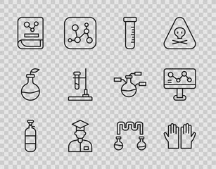 Set line Propane gas tank, Medical rubber gloves, Test tube and flask, Laboratory assistant, Chemistry book, on fire, and Chemical formula icon. Vector