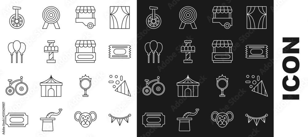 Poster Set line Carnival garland with flags, Festive confetti, Circus ticket, Fast street food cart, Attraction carousel, Balloons ribbon, Unicycle or one wheel bicycle and icon. Vector