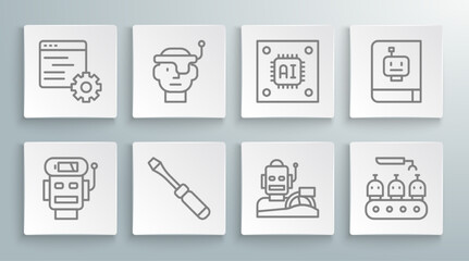 Set line Robot low battery charge, Screwdriver, humanoid driving car, Industrial production of robots, Processor with microcircuits CPU, User manual and Computer api interface icon. Vector