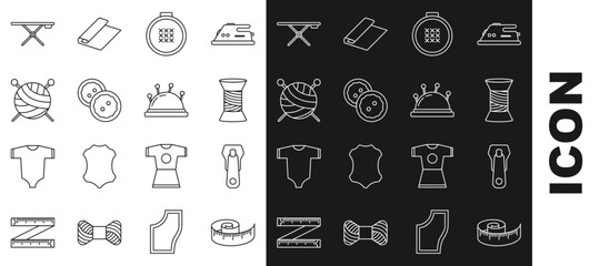 Set line Tape measure, Zipper, Sewing thread on spool, Round adjustable embroidery hoop, button for clothes, Yarn ball with knitting needles, Ironing board and Needle bed and icon. Vector