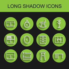 Set line Wardrobe, Bunk bed, Chest of drawers, Chair, Office desk, Mirror, and Furniture nightstand icon. Vector