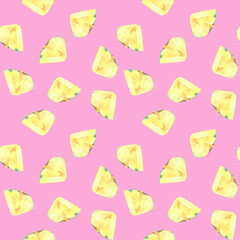 Naklejka premium Watercolor pink seampless pattern pineapple slice, juicy fruit illustration, white bright background, colorful Pattern for kids, wallpaper,digital paper, repeating background,fabric,gift wrap 